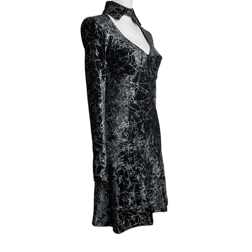 Metallic Velvet Choker Dress M Lightning Silver Crushed A-Line Cutout Skater - Picture 7 of 14